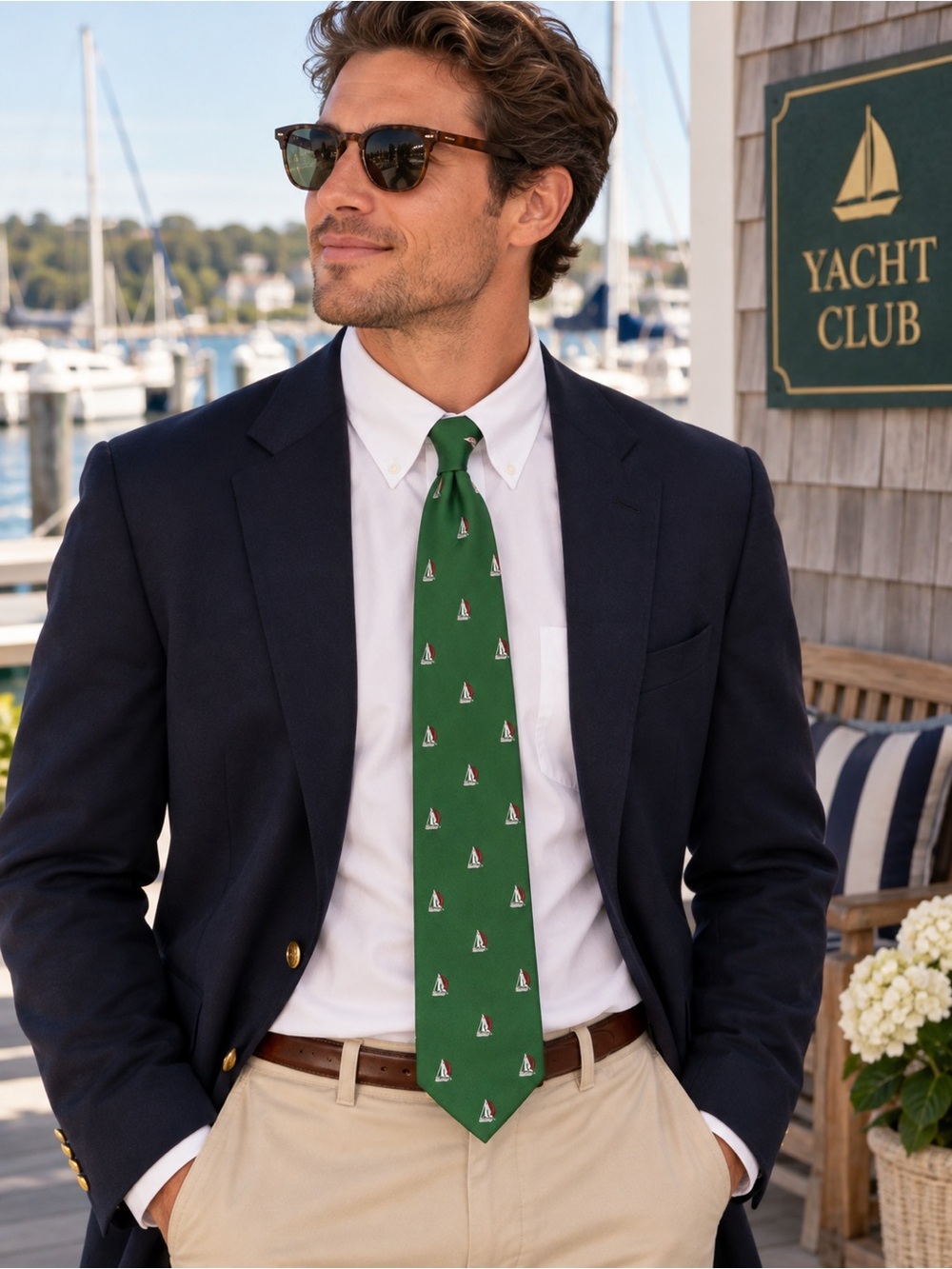 Vintage Jonathan Bach 100% Silk Green Tie With Sailboats